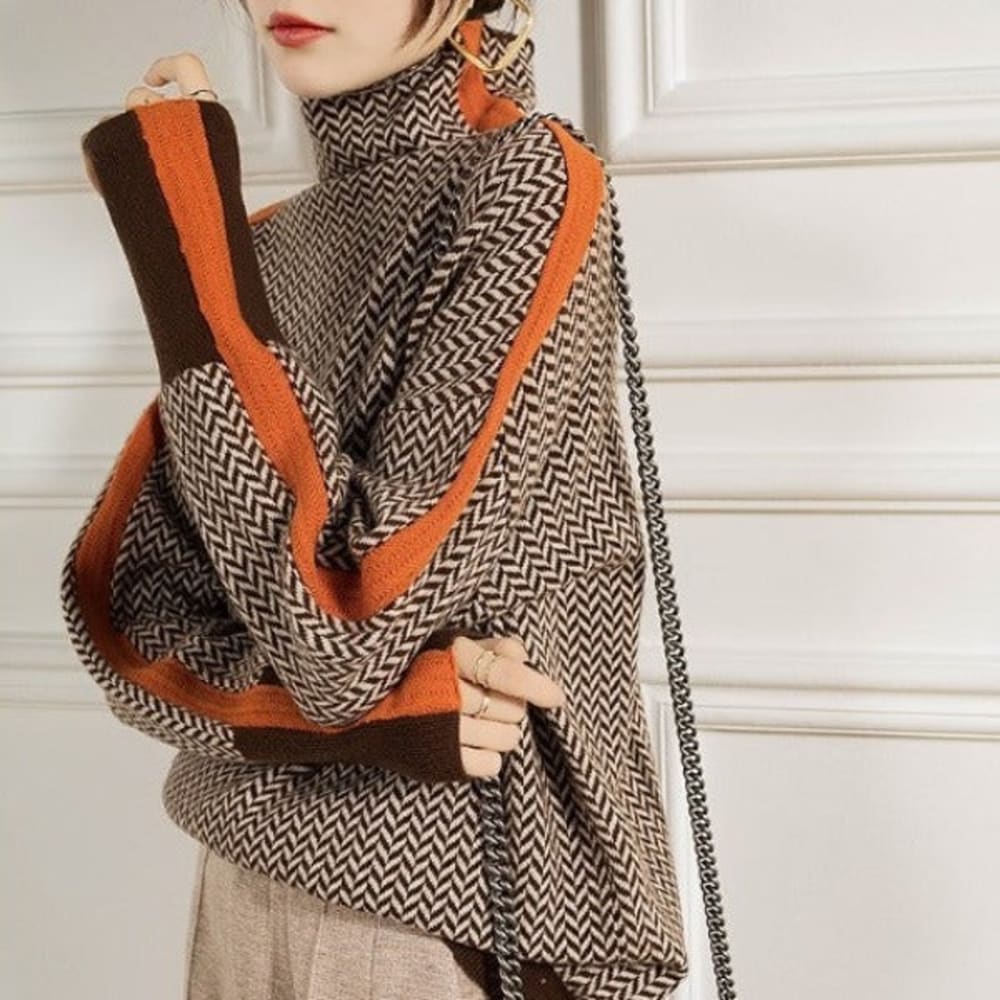 Women's Chevron Roll Neck Jumper with Contrast Stripes - Clementina - Brown Orange