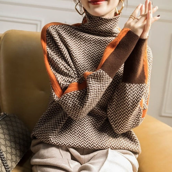Women's Chevron Roll Neck Jumper with Contrast Stripes - Clementina - Brown Orange