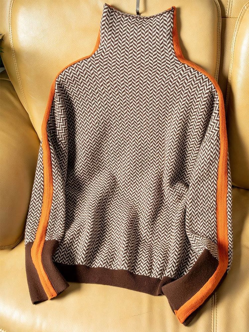 Women's Chevron Roll Neck Jumper with Contrast Stripes - Clementina - Brown Orange