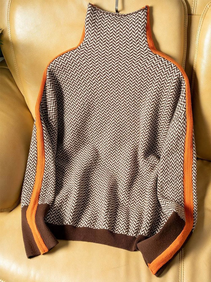 Women's Chevron Roll Neck Jumper with Contrast Stripes - Clementina - Brown Orange