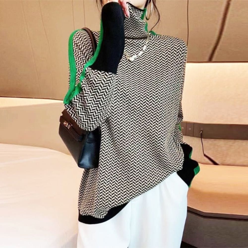 Women's Chevron Roll Neck Jumper with Contrast Stripes - Clementina - Grey Green