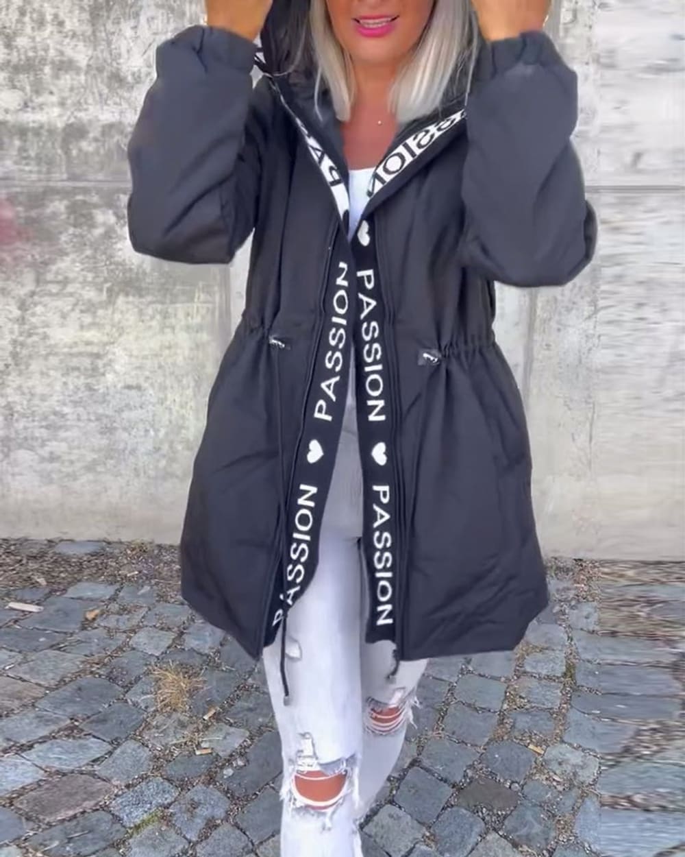 Women's Drawstring Waist Parka with Hood - Eloise - Charcoal