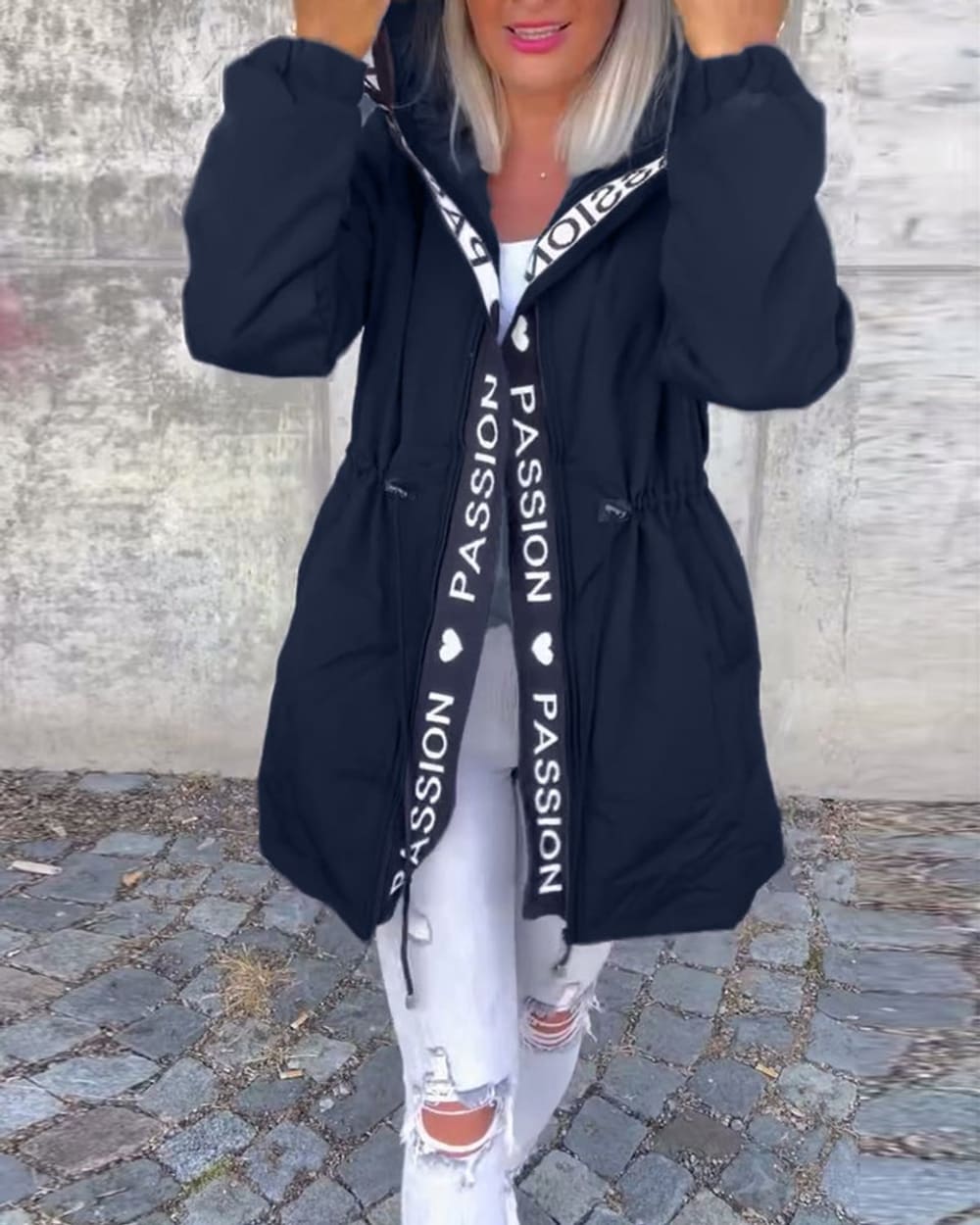 Women's Drawstring Waist Parka with Hood - Eloise - Navy