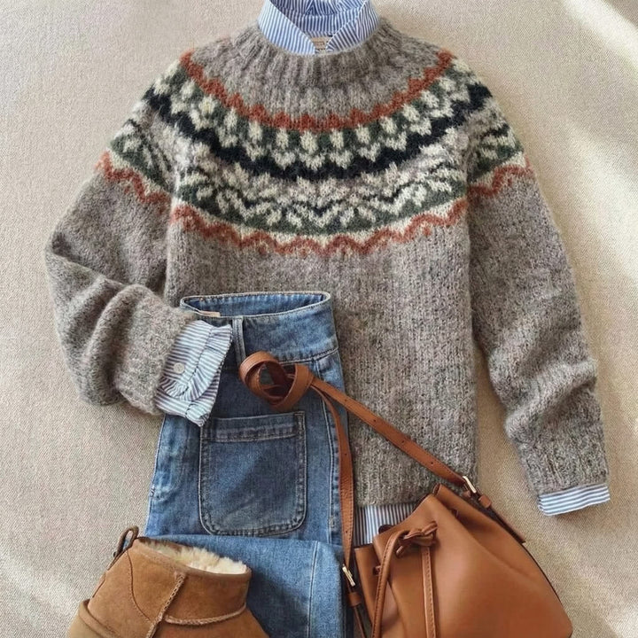 Women's Fair Isle Crew Neck Jumper - Rosalie - Ash Grey