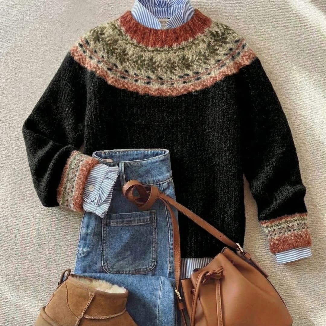 Women's Fair Isle Crew Neck Jumper - Rosalie - Black