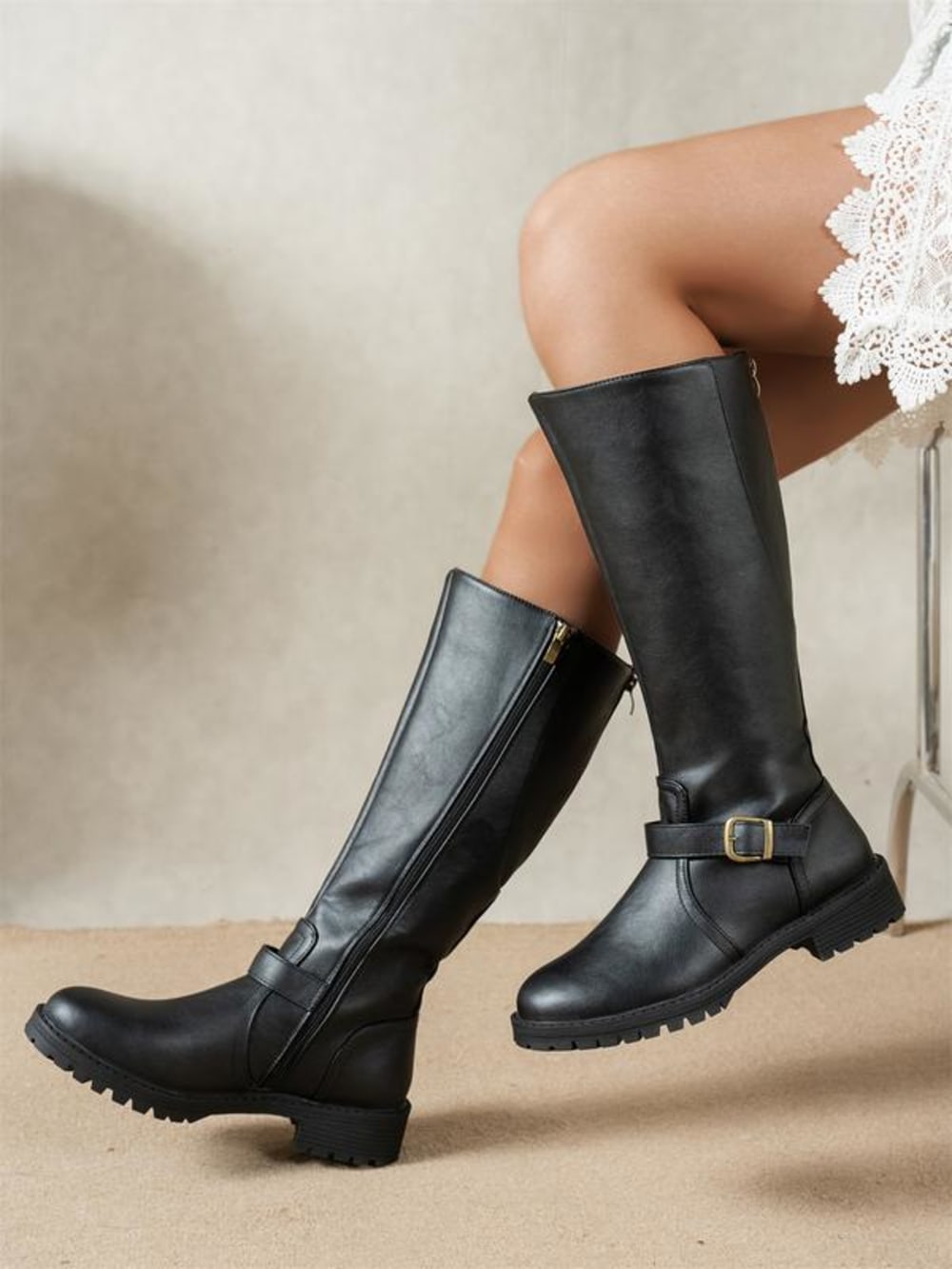 Women's Flat Knee High Boots with Side Zip - Primrose - Black