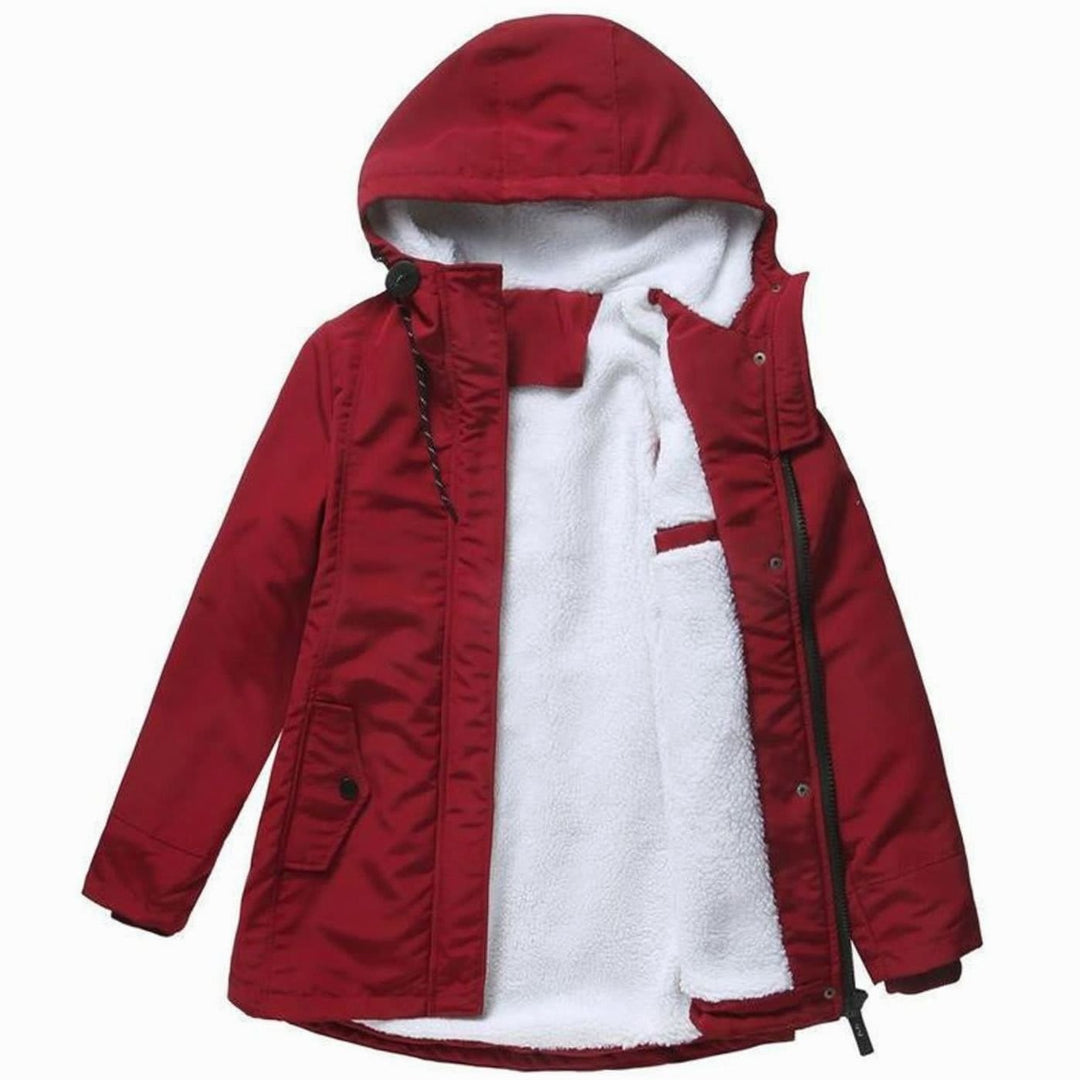 Women's Fleece Lined Parka Jacket with Hood - Matilda - Red