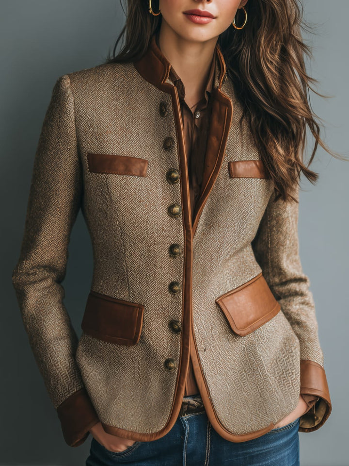 Women's Herringbone Jacket with Faux Leather Trim - Verity - Brown