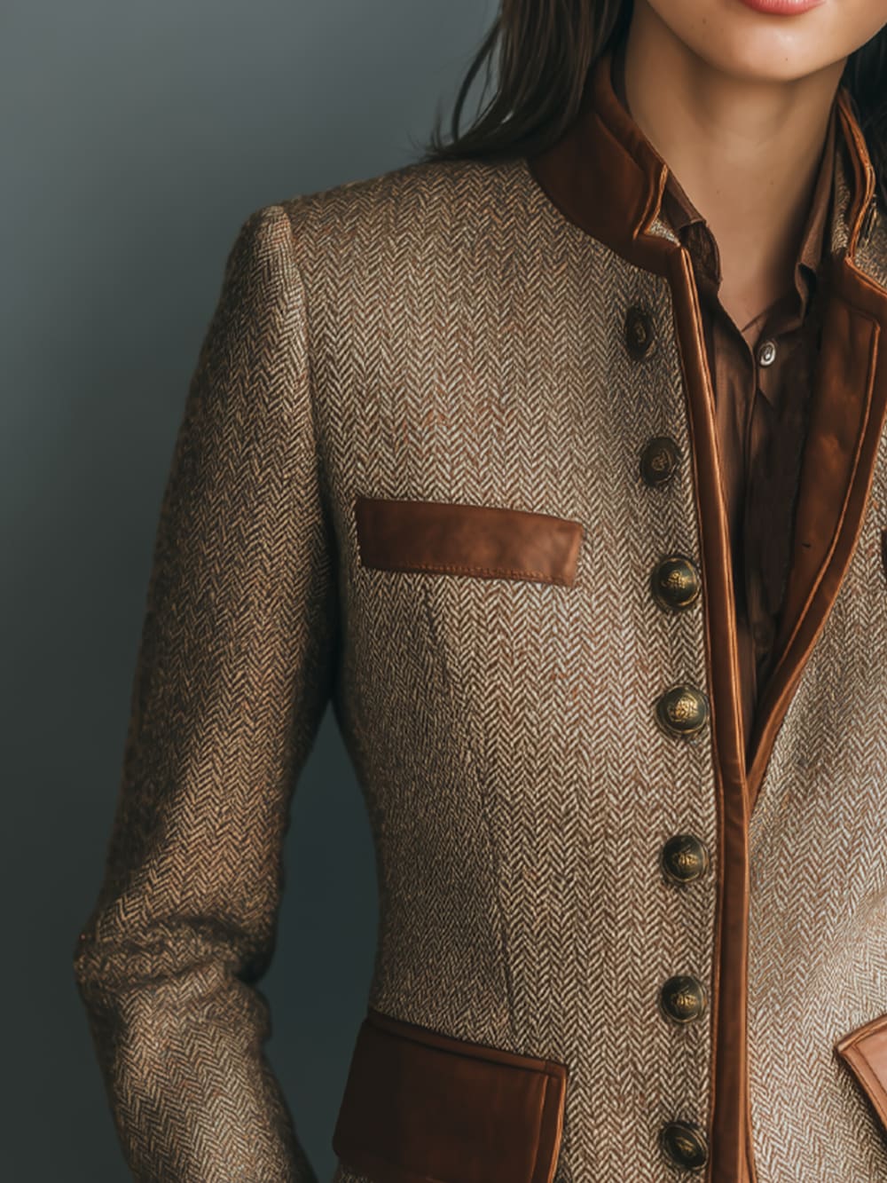 Women's Herringbone Jacket with Faux Leather Trim - Verity - Brown