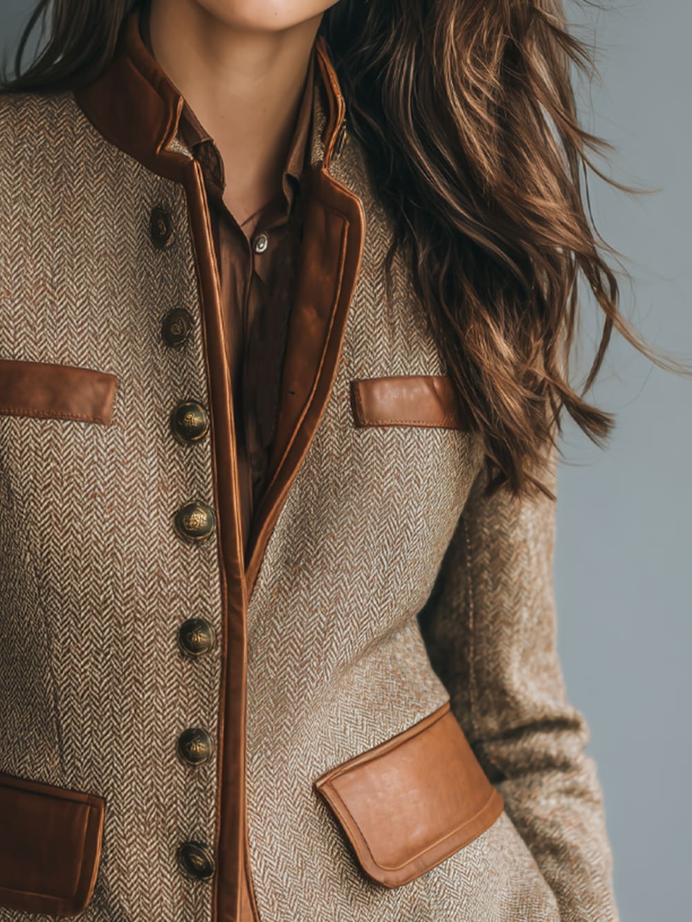 Women's Herringbone Jacket with Faux Leather Trim - Verity - Brown