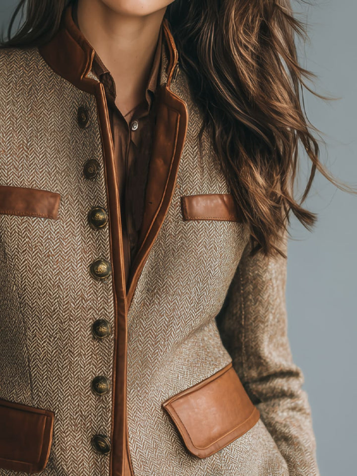 Women's Herringbone Jacket with Faux Leather Trim - Verity - Brown