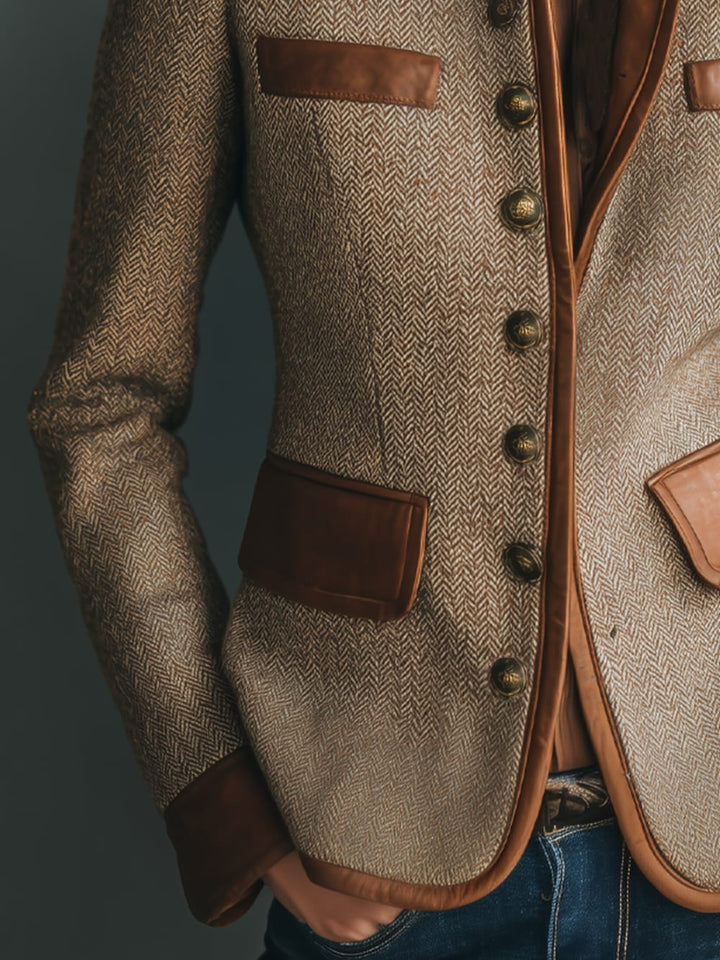 Women's Herringbone Jacket with Faux Leather Trim - Verity - Brown