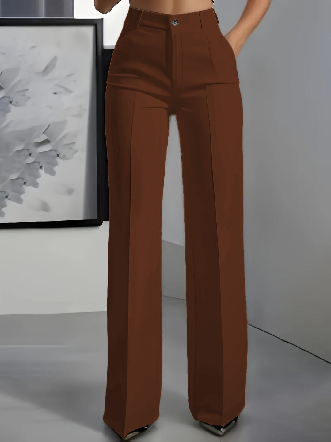 Women's High Waist Pleated Wide Leg Trousers - Celeste - Brown
