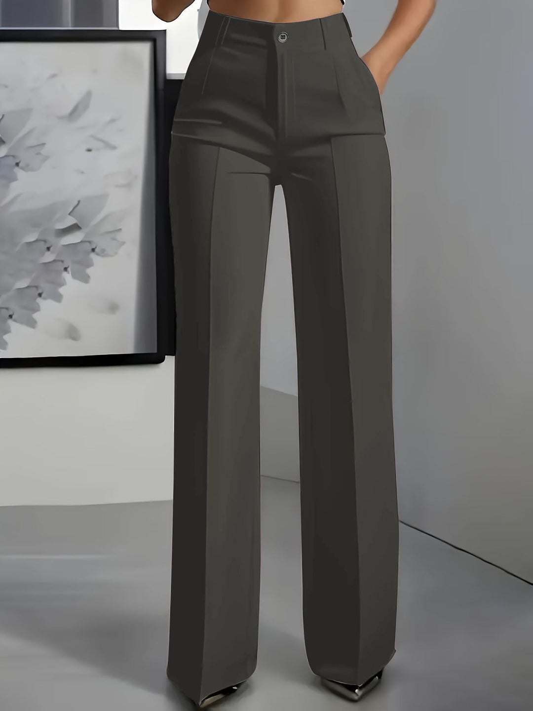 Women's High Waist Pleated Wide Leg Trousers - Celeste - Dark Grey
