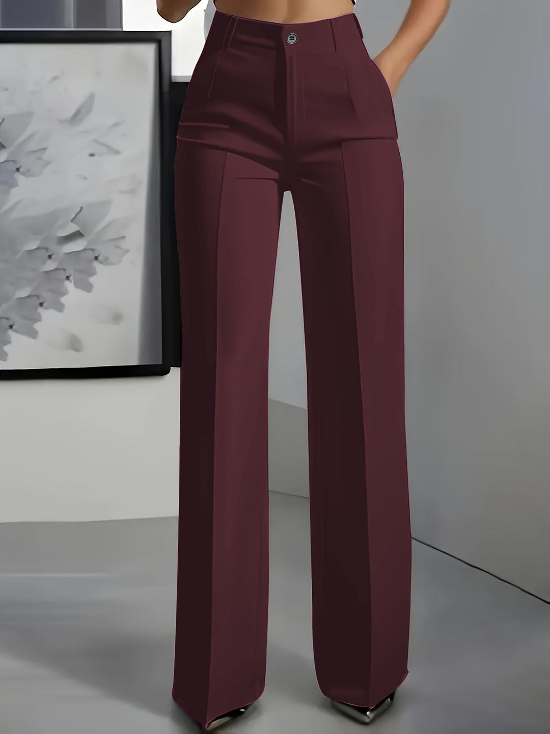 Women's High Waist Pleated Wide Leg Trousers - Celeste - Red