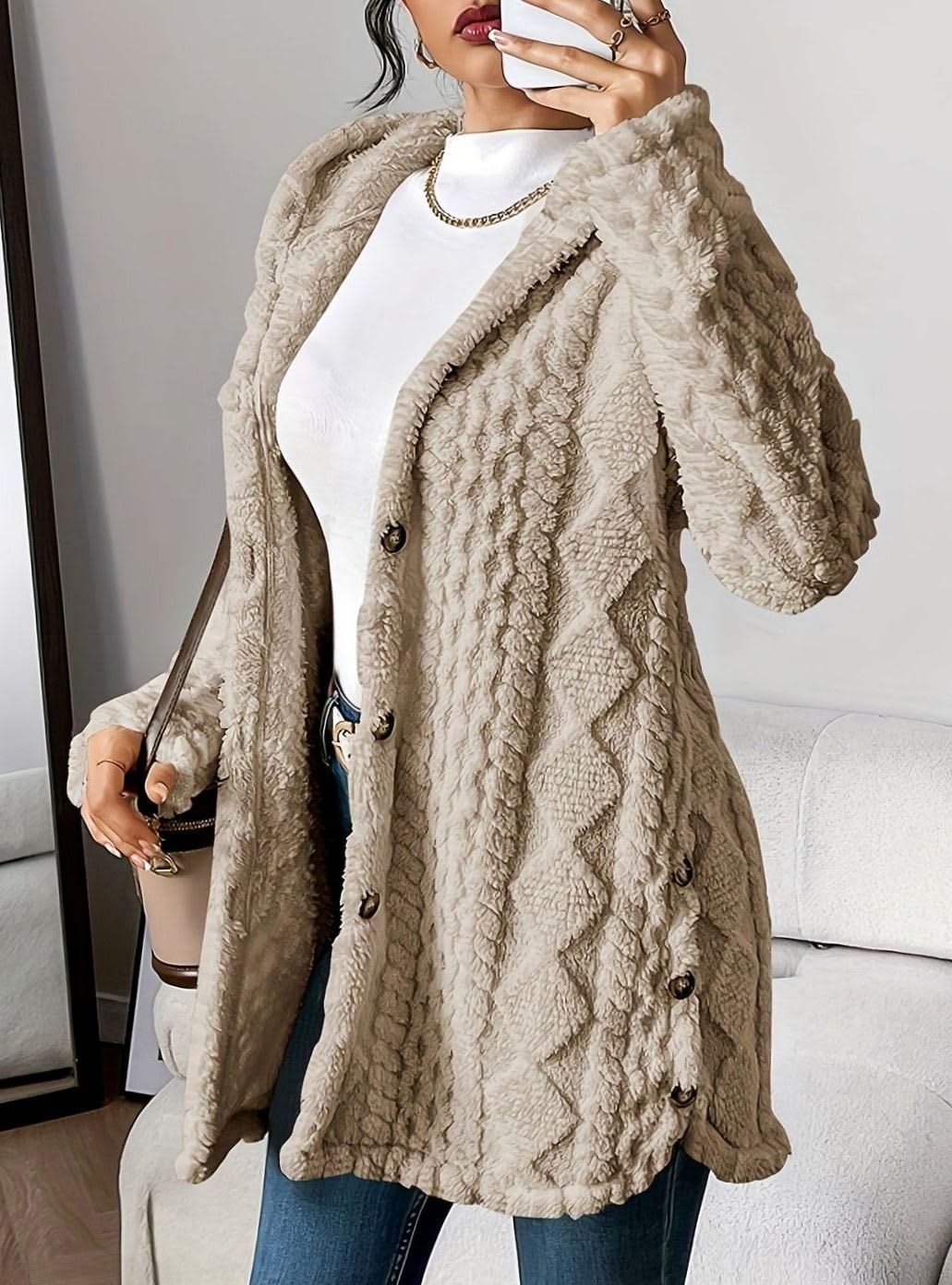 Women's Hooded Fleece Cardigan with Side Buttons - Juliet - Beige