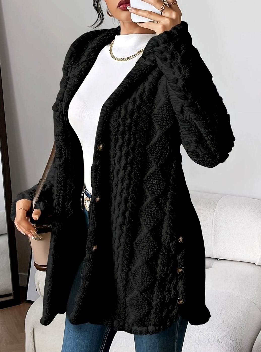 Women's Hooded Fleece Cardigan with Side Buttons - Juliet - Black