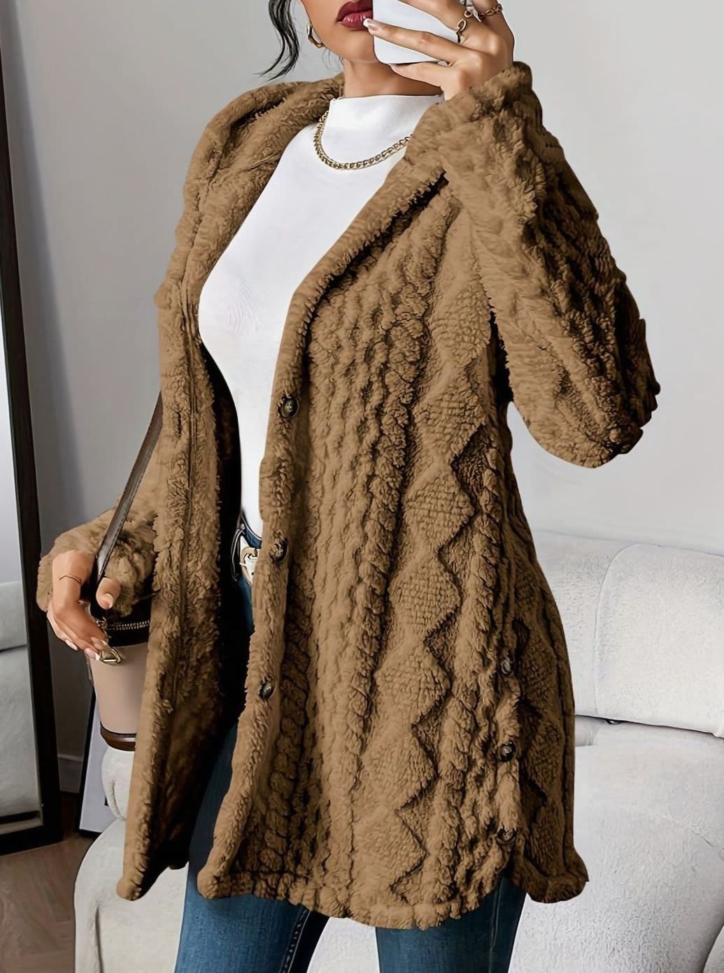 Women's Hooded Fleece Cardigan with Side Buttons - Juliet - Brown
