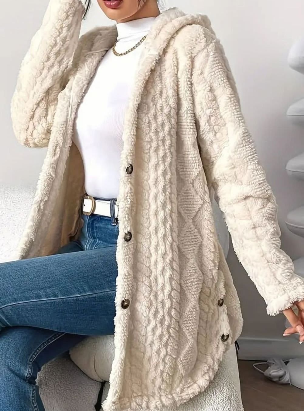 Women's Hooded Fleece Cardigan with Side Buttons - Juliet - Cream
