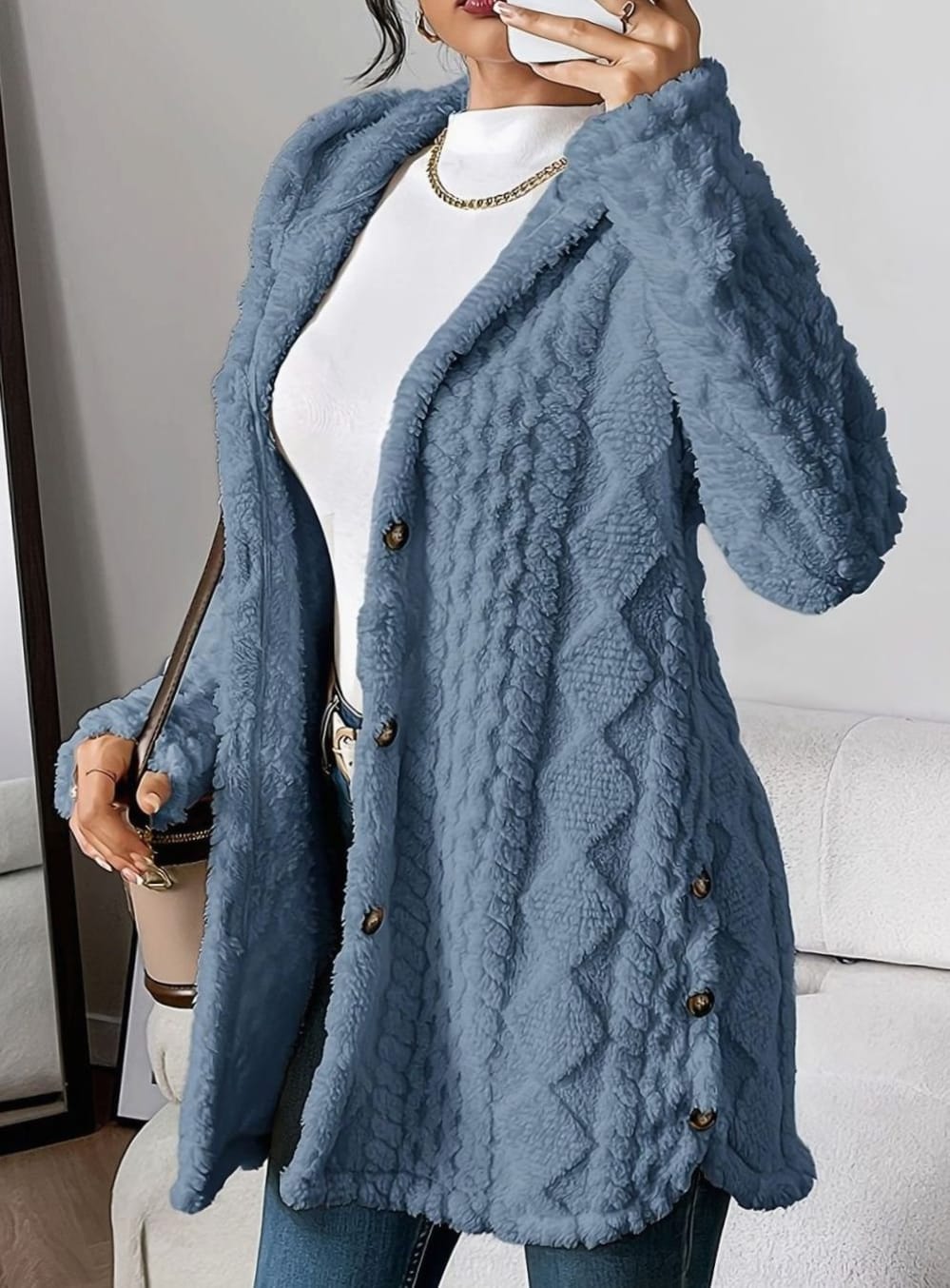 Women's Hooded Fleece Cardigan with Side Buttons - Juliet - Denim Blue