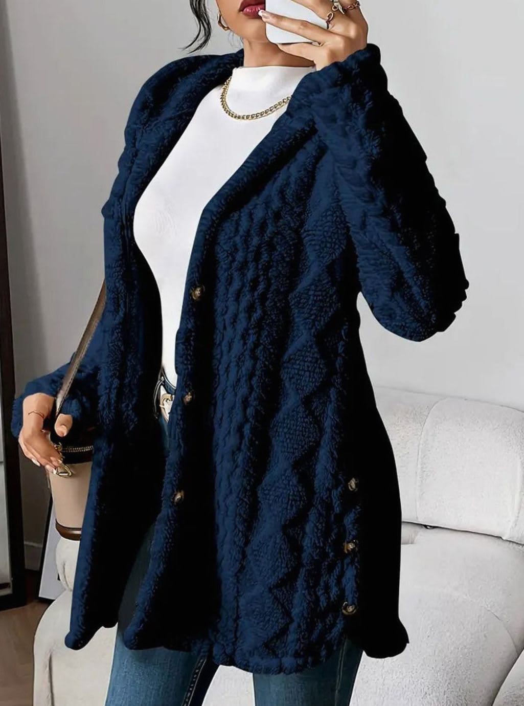 Women's Hooded Fleece Cardigan with Side Buttons - Juliet - Navy