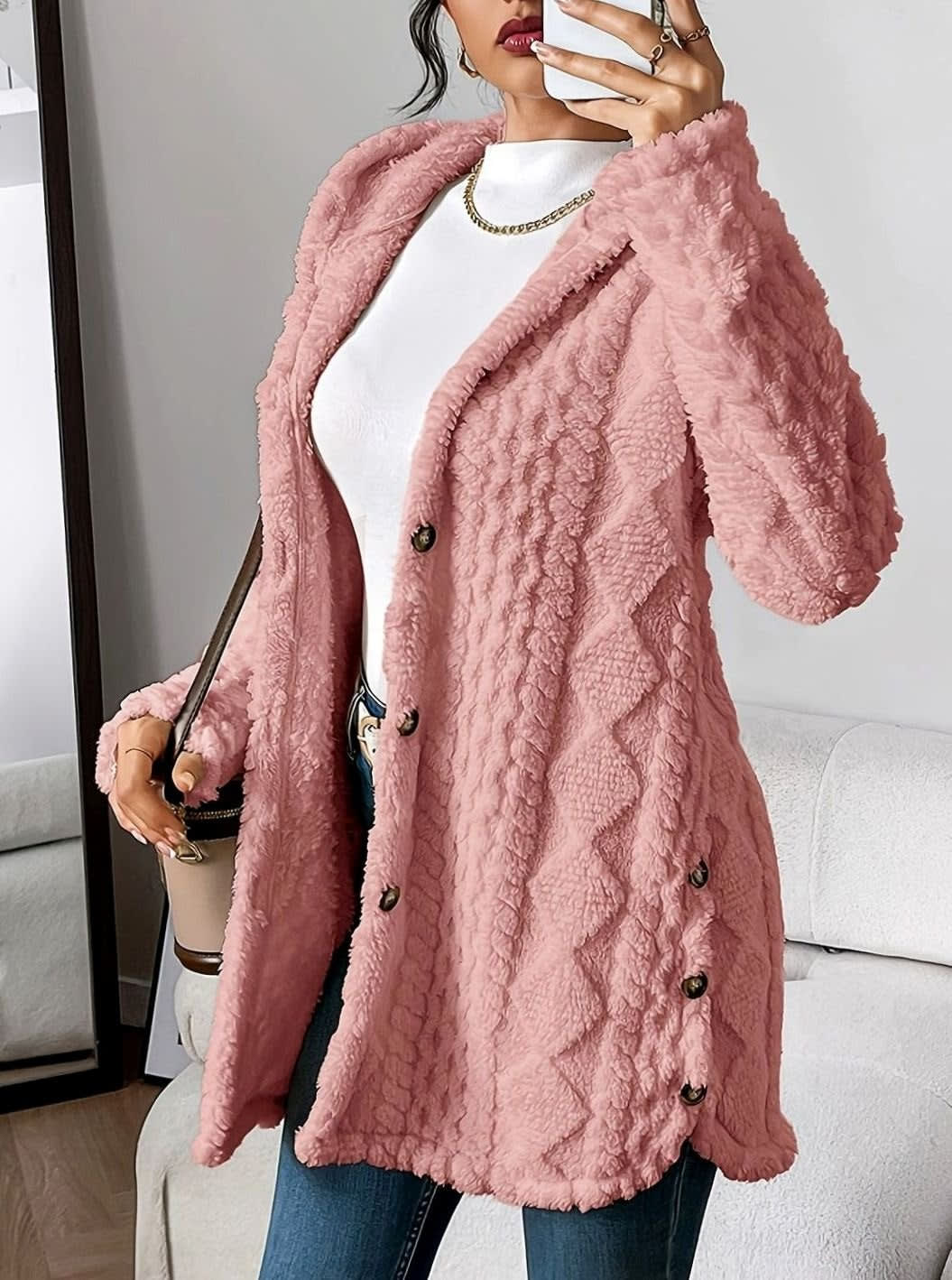 Women's Hooded Fleece Cardigan with Side Buttons - Juliet - Pink