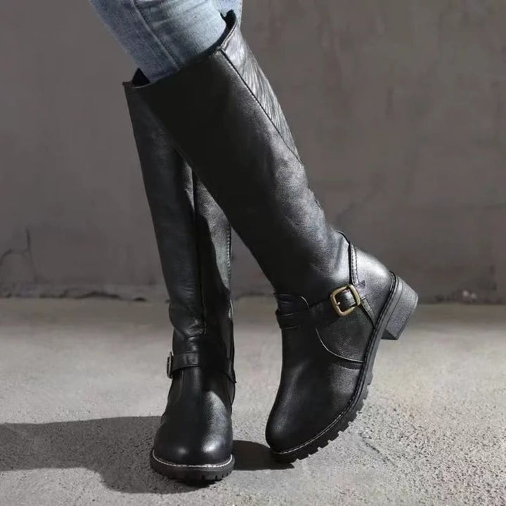 Women's Knee High Riding Boots with Buckle Strap - Annabel - Black