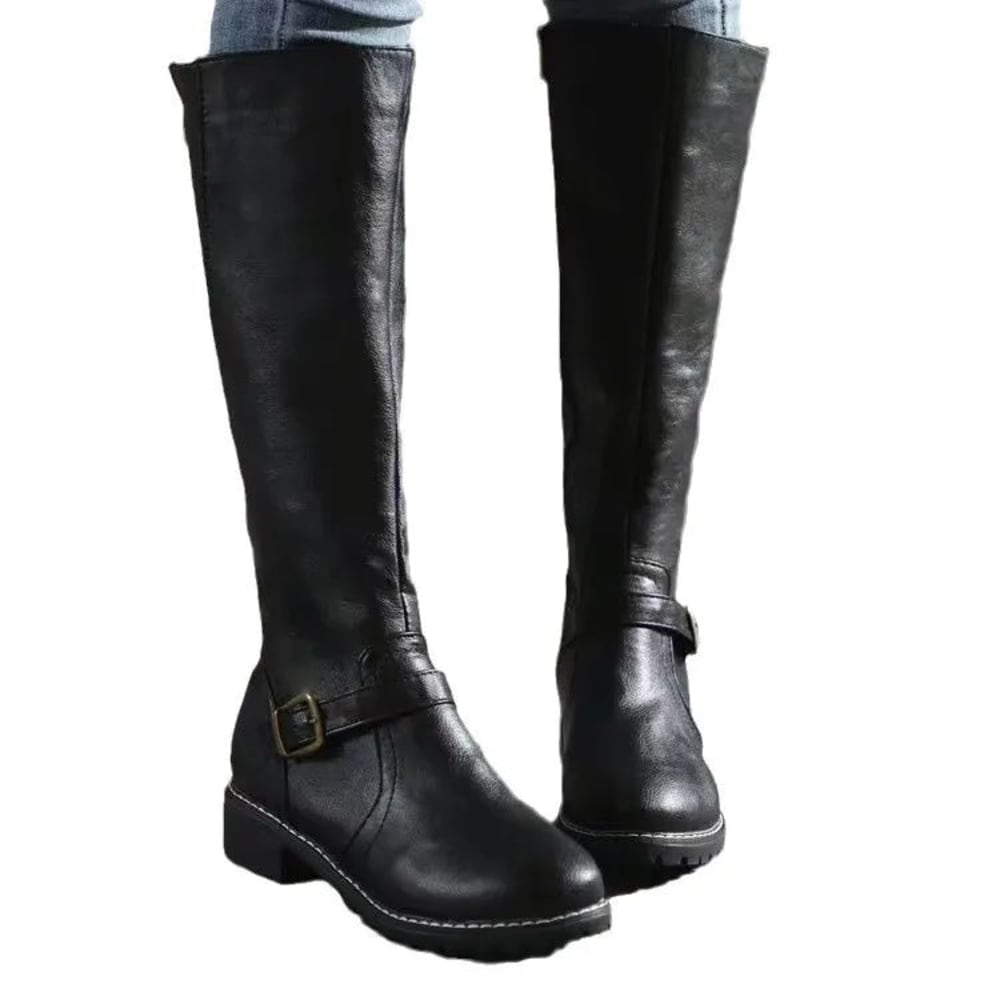 Women's Knee High Riding Boots with Buckle Strap - Annabel - Black