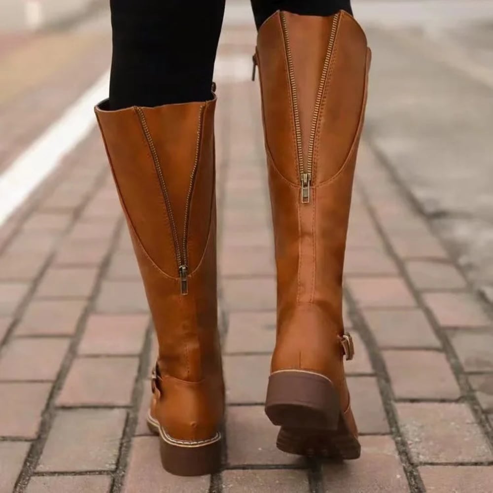 Women's Knee High Riding Boots with Buckle Strap - Annabel - Black
