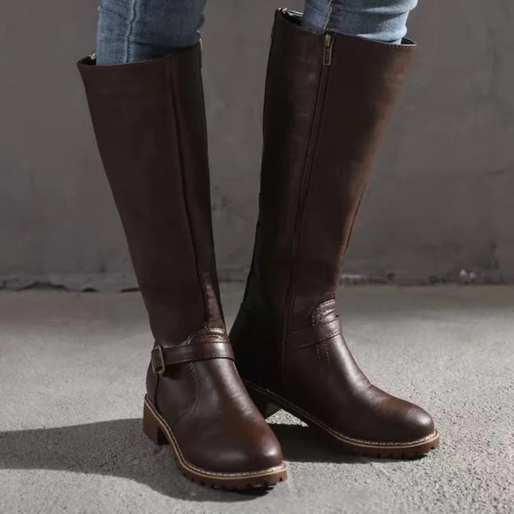 Women's Knee High Riding Boots with Buckle Strap - Annabel - Dark Brown