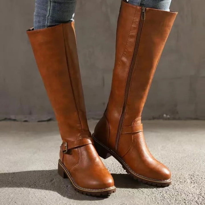 Women's Knee High Riding Boots with Buckle Strap - Annabel - Tan