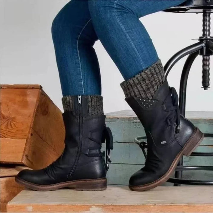 Women's Knit Cuff Mid Calf Boots with Zip - Cressida - Black