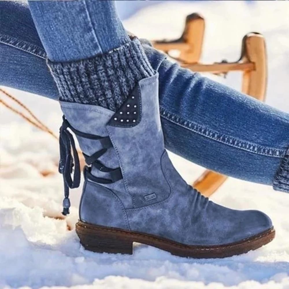 Women's Knit Cuff Mid Calf Boots with Zip - Cressida - Blue