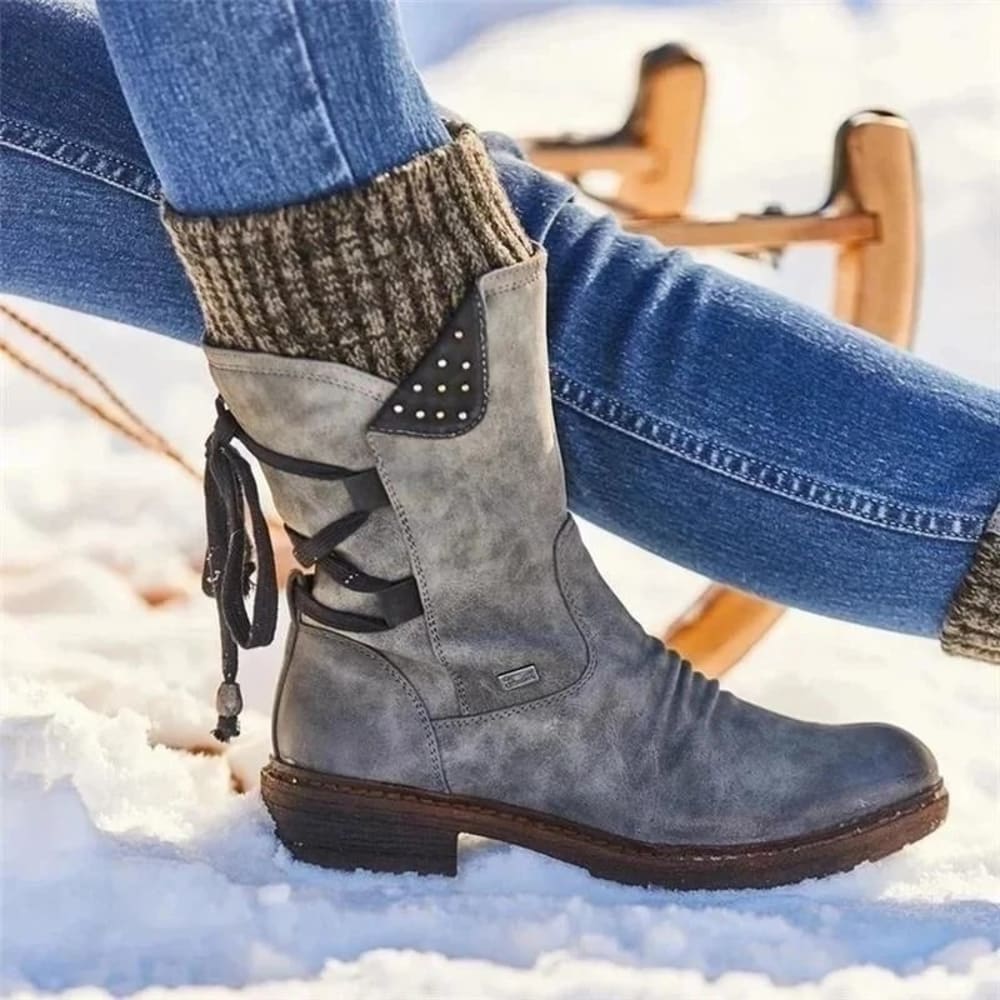 Women's Knit Cuff Mid Calf Boots with Zip - Cressida - Grey