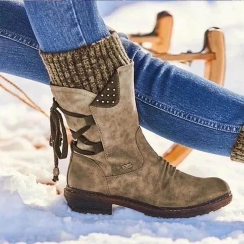 Women's Knit Cuff Mid Calf Boots with Zip - Cressida - Khaki
