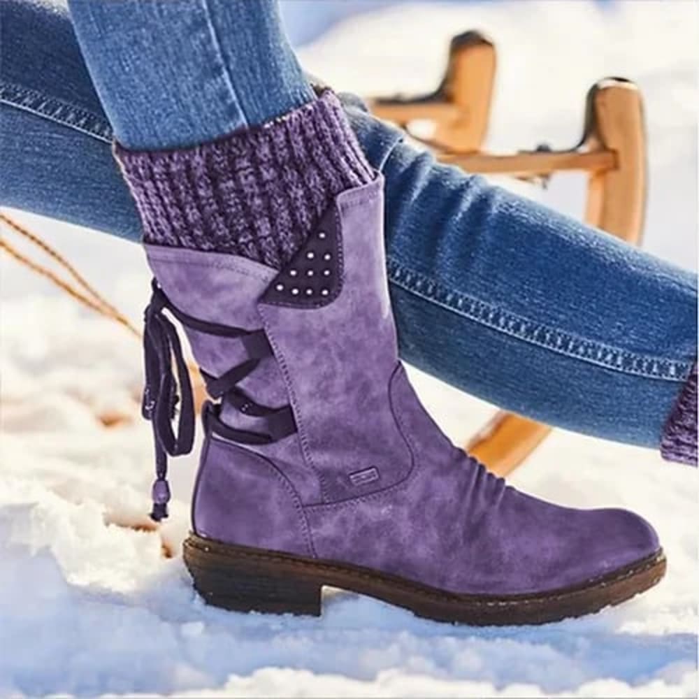 Women's Knit Cuff Mid Calf Boots with Zip - Cressida - Purple