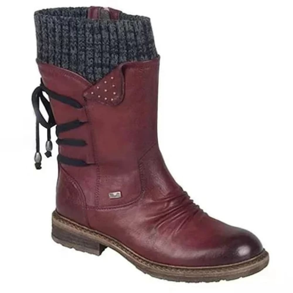 Women's Knit Cuff Mid Calf Boots with Zip - Cressida - Wine Red