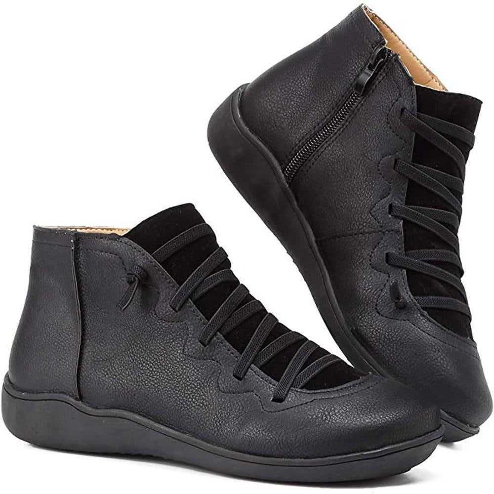 Women's Lace-Up Ankle Boots with Side Zip - Theodora - Black