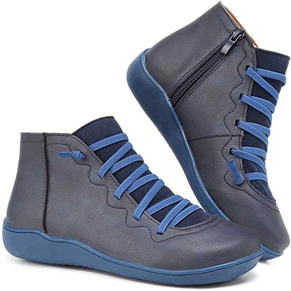 Women's Lace-Up Ankle Boots with Side Zip - Theodora - Blue