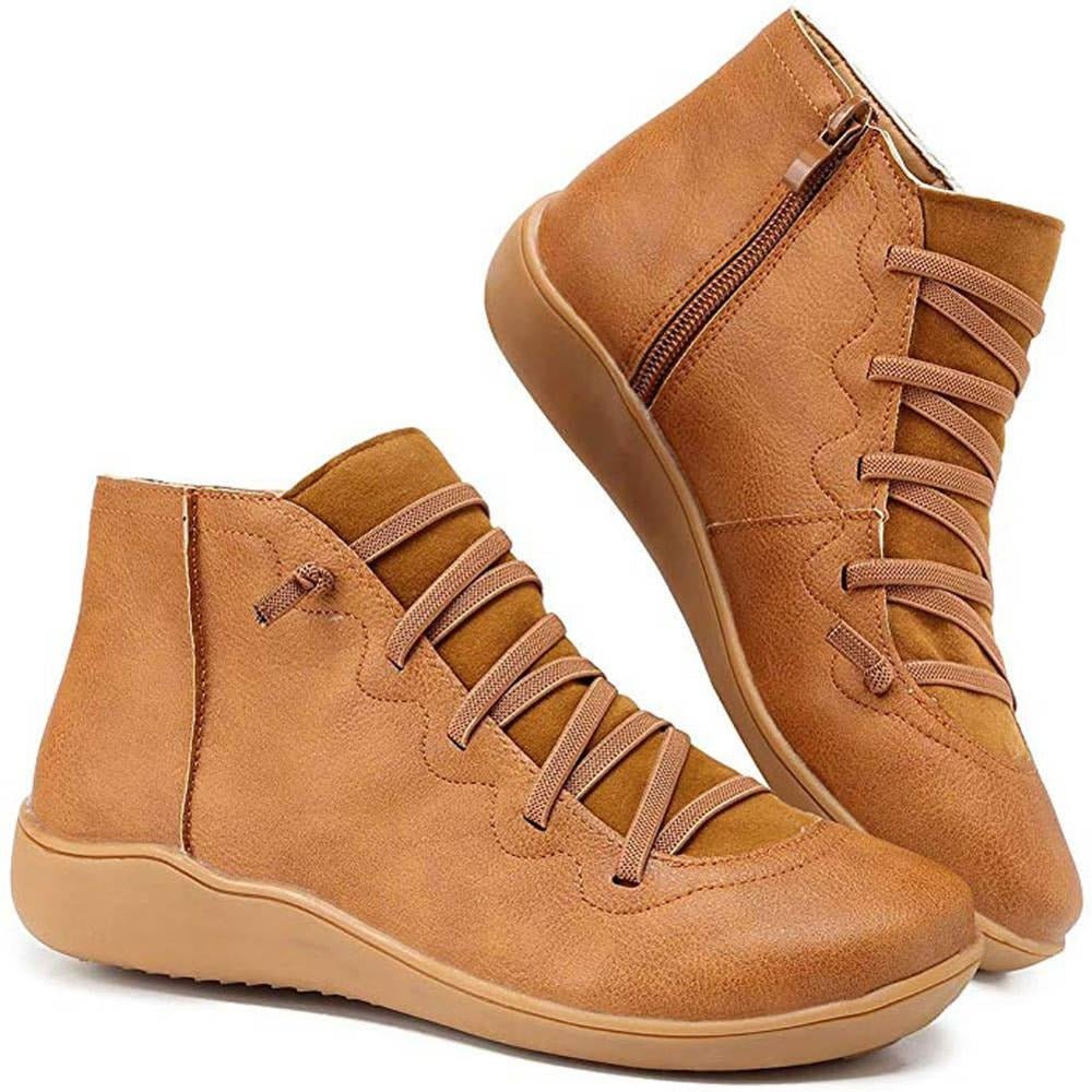 Women's Lace-Up Ankle Boots with Side Zip - Theodora - Tan