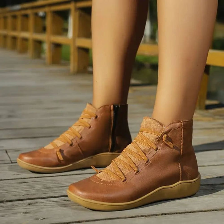 Women's Lace-Up Ankle Boots with Side Zip - Theodora - Tan