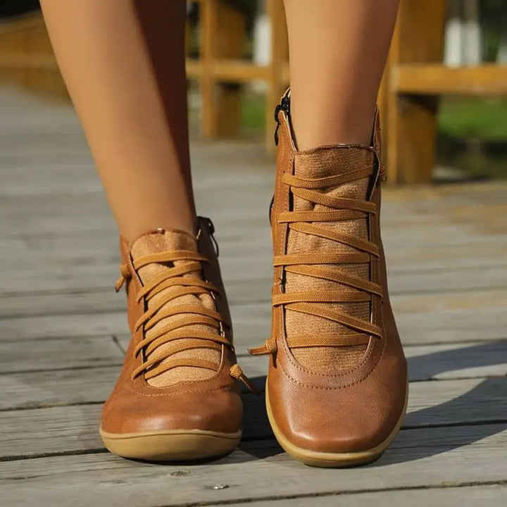 Women's Lace-Up Ankle Boots with Side Zip - Theodora - Tan