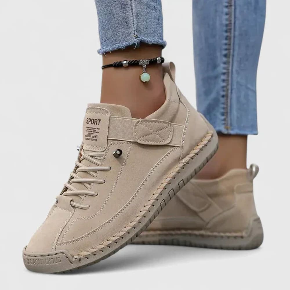 Women's Lace-Up Walking Shoes with Strap - Marigold - Beige