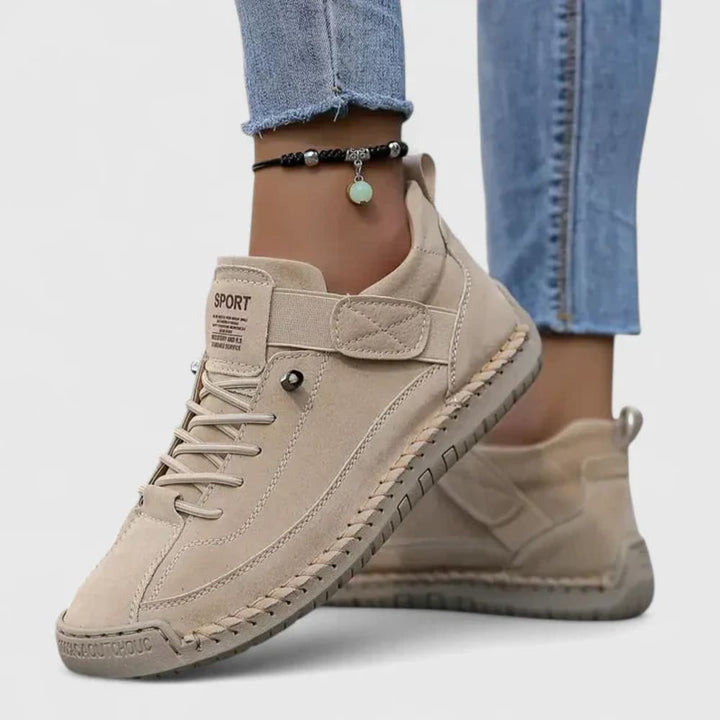 Women's Lace-Up Walking Shoes with Strap - Marigold - Beige