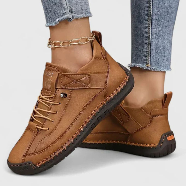 Women's Lace-Up Walking Shoes with Strap - Marigold - Brown