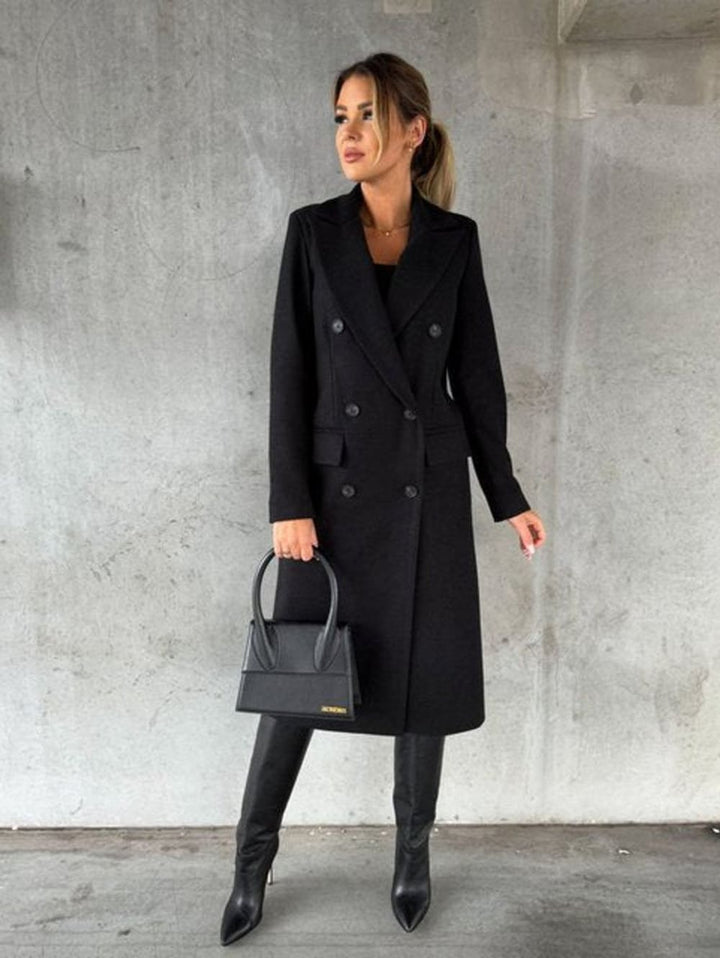 Women's Long Double Breasted Coat with Notch Lapels - Henrietta - Black