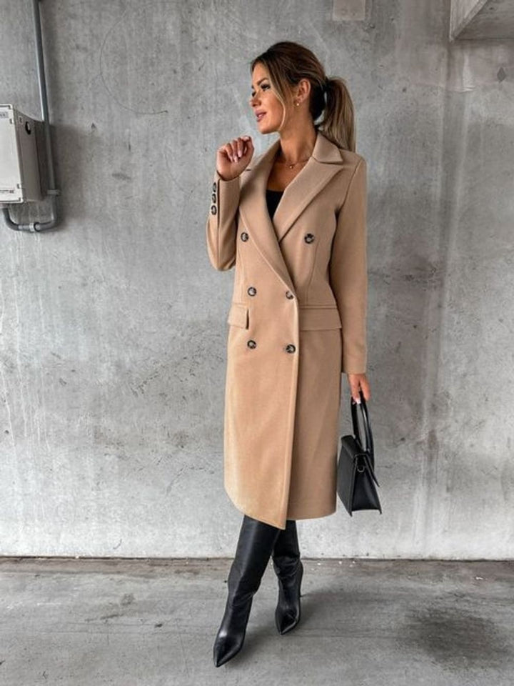 Women's Long Double Breasted Coat with Notch Lapels - Henrietta - Camel
