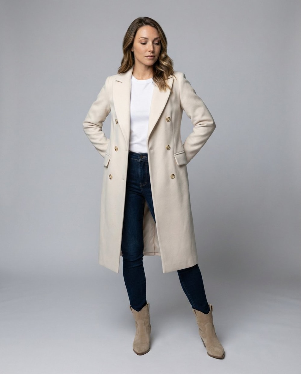Women's Long Double Breasted Coat with Notch Lapels - Henrietta - Cream