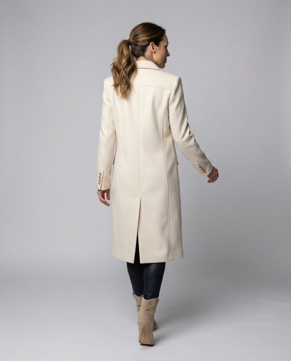 Women's Long Double Breasted Coat with Notch Lapels - Henrietta - Cream