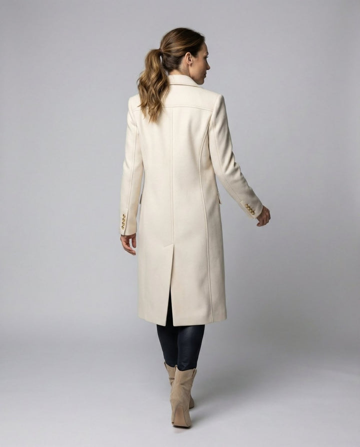Women's Long Double Breasted Coat with Notch Lapels - Henrietta - Cream